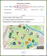 A screenshot of the 'Embed Map on Website' settings in MapHub, showing the 'Geolocation' option enabled. This adds a user location button to the map preview for embedded websites. directly on your embedded map, enhancing the interactive experience on your website.