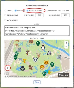 A screenshot of the 'Embed Map on Website' settings in MapHub, showing the 'Geolocation' option enabled. This adds a user location button to the map preview for embedded websites. directly on your embedded map, enhancing the interactive experience on your website.