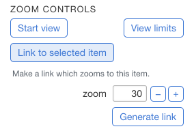 A screenshot of MapHub's 'Zoom Controls' menu displaying the options for 'Link to selected item', including zoom level input and a 'Generate link' button.