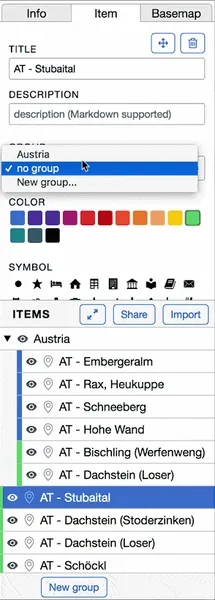 A GIF demonstrating how to assign an item to a group using a dropdown selector. A user selects ‘Austria’ from the ‘GROUP’ dropdown in an item’s details, which moves the item into an ‘Austria’ group in the item list.