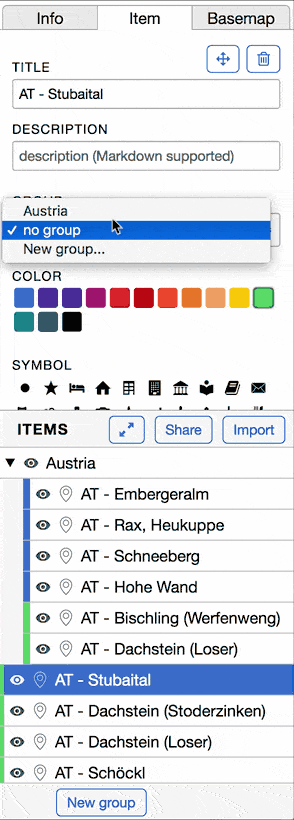 A GIF demonstrating how to assign an item to a group using a dropdown selector. A user selects 'Austria' from the 'GROUP' dropdown in an item's details, which moves the item into an 'Austria' group in the item list.