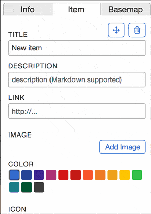 An animated GIF of the MapHub interface, illustrating the steps to add custom icons by clicking the 'Add Icon' button and uploading a file.