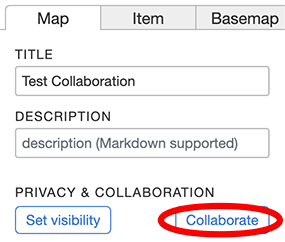 A screenshot of the MapHub interface, highlighting the 'Collaborate' button within the map's privacy and collaboration settings.