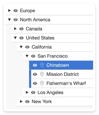 A complex nested group hierarchy in MapHub representing geographical locations from continents to city neighborhoods. This demonstrates the new group-in-group feature resembling a file system structure.