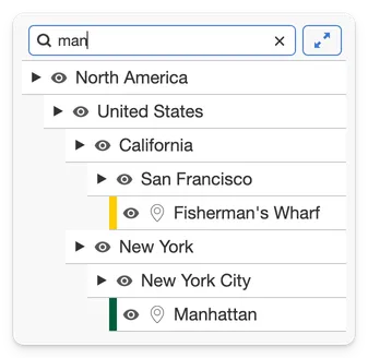 A MapHub sidebar with a search query 'mar' entered, highlighting matching items 'Fisherman's Wharf' and 'Manhattan' within their nested groups. This illustrates that filtering works across the deep group hierarchy.
