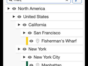 A MapHub sidebar showing a search for 'man' that filters and highlights items, 'Fisherman's Wharf' and 'Manhattan', within a nested group-in-group hierarchy. across the entire deep group hierarchy on your map.