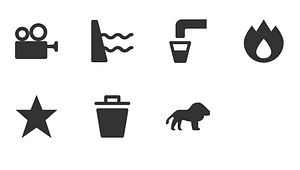 A visual display of 15 new dark grey map icons for MapHub, arranged in two rows. The icons represent diverse points of interest, including a cyclist, a mountain, a camera, a picnic table, and a recycling symbol. Maki, Font Awesome, and Google Material icon sets.